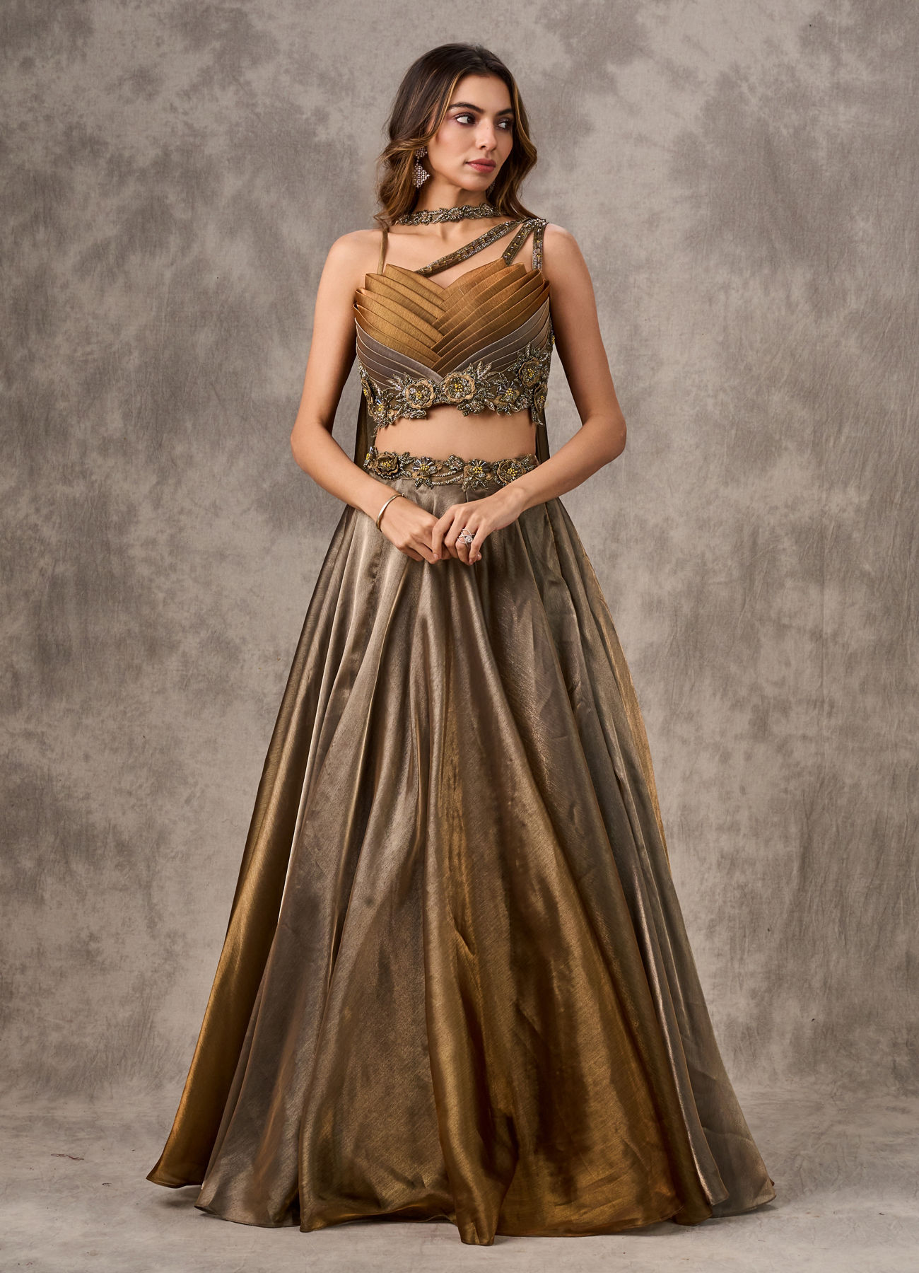 Twamev Women Golden Silver Ombre Tissue Embroidered Lehenga
