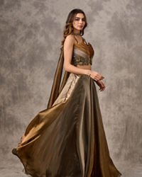 Twamev Women Golden Silver Ombre Tissue Embroidered Lehenga