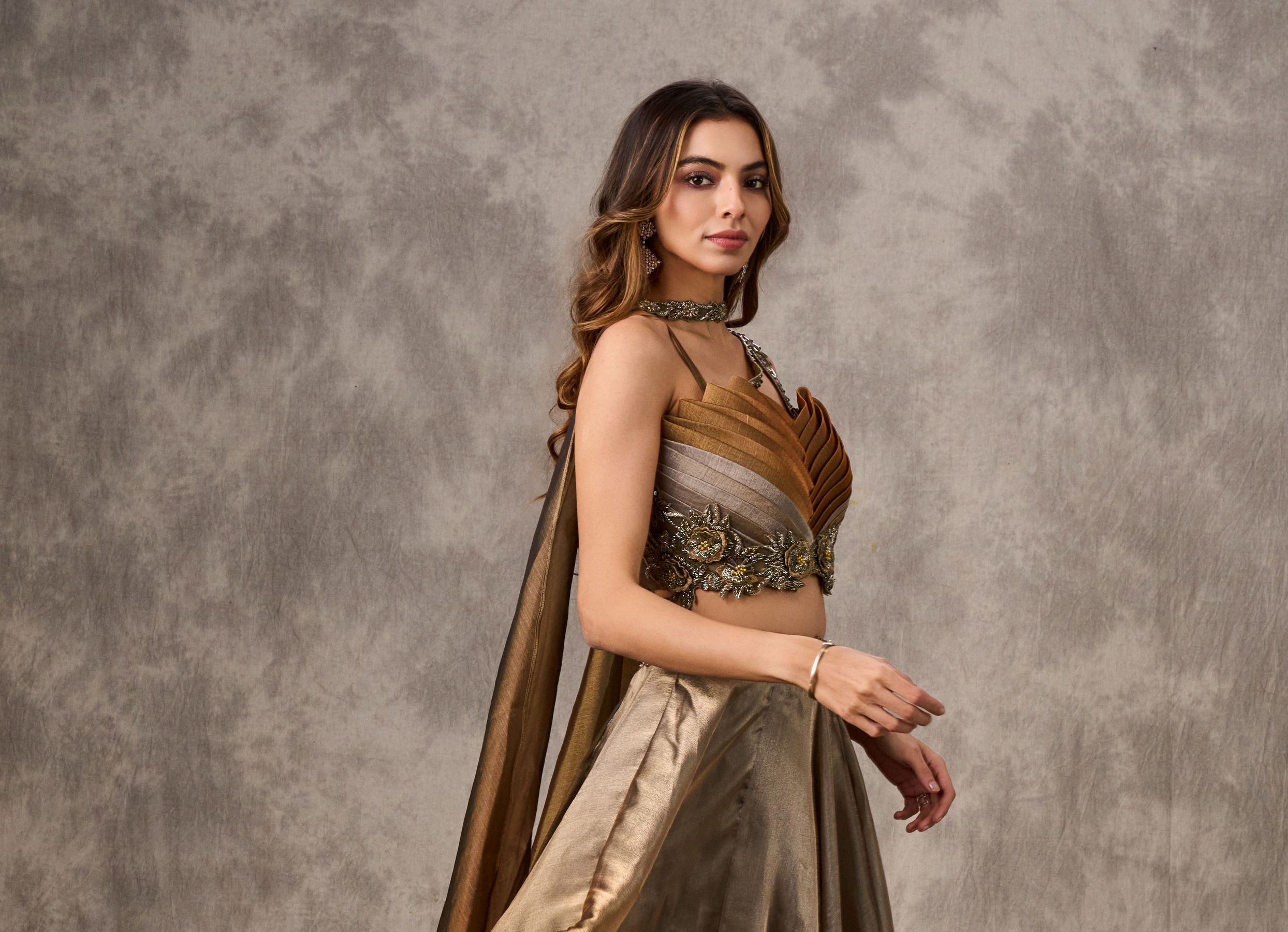 Twamev Women Golden Silver Ombre Tissue Embroidered Lehenga