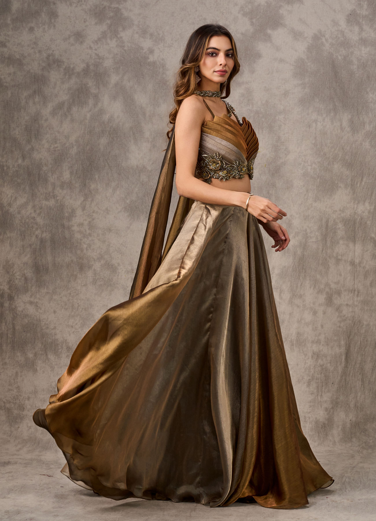 Twamev Women Golden Silver Ombre Tissue Embroidered Lehenga