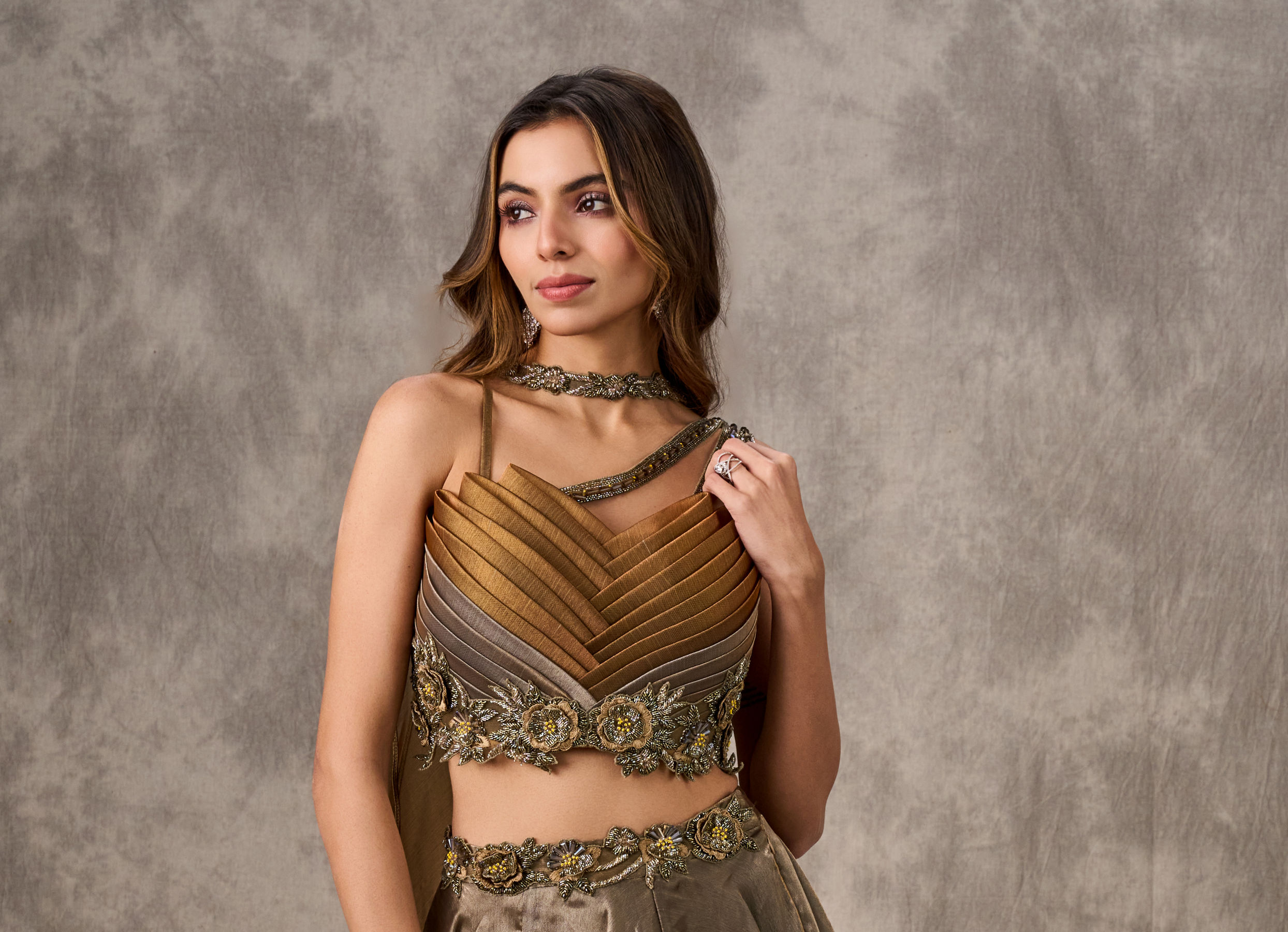 Twamev Women Golden Silver Ombre Tissue Embroidered Lehenga