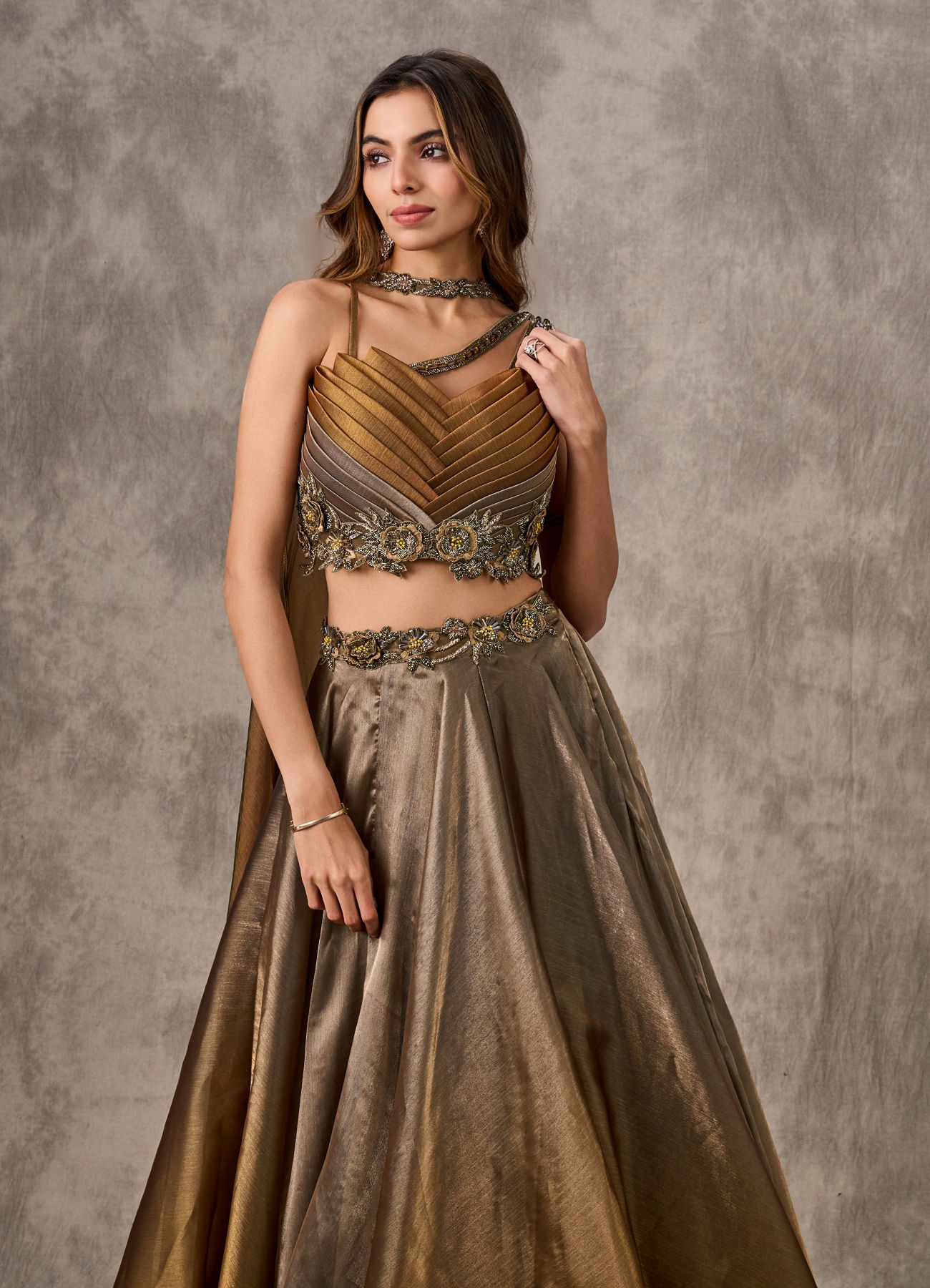 Twamev Women Golden Silver Ombre Tissue Embroidered Lehenga