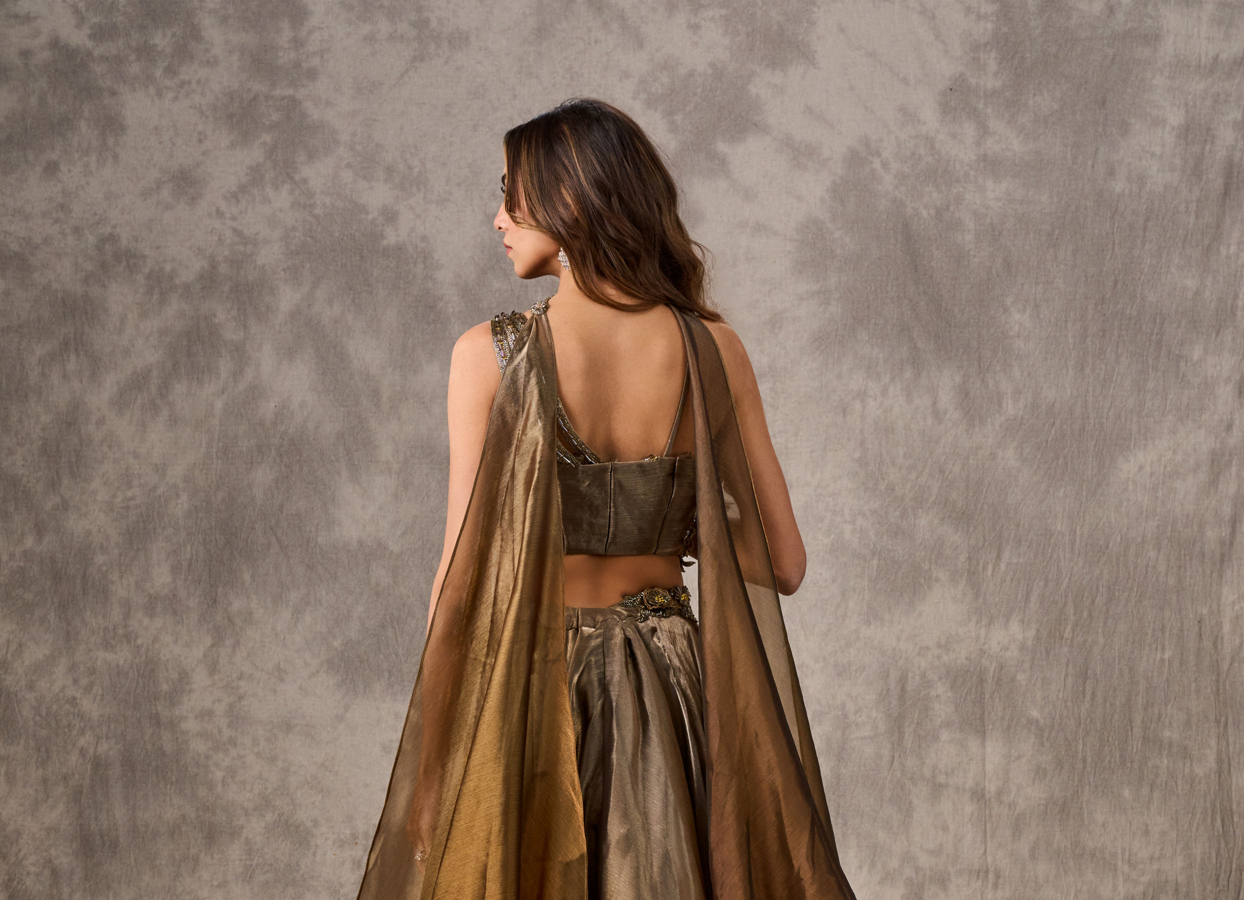 Twamev Women Golden Silver Ombre Tissue Embroidered Lehenga