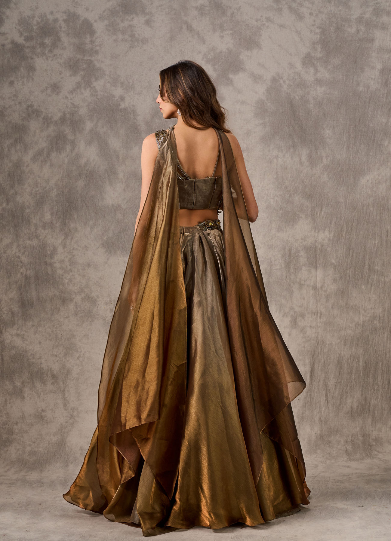 Twamev Women Golden Silver Ombre Tissue Embroidered Lehenga