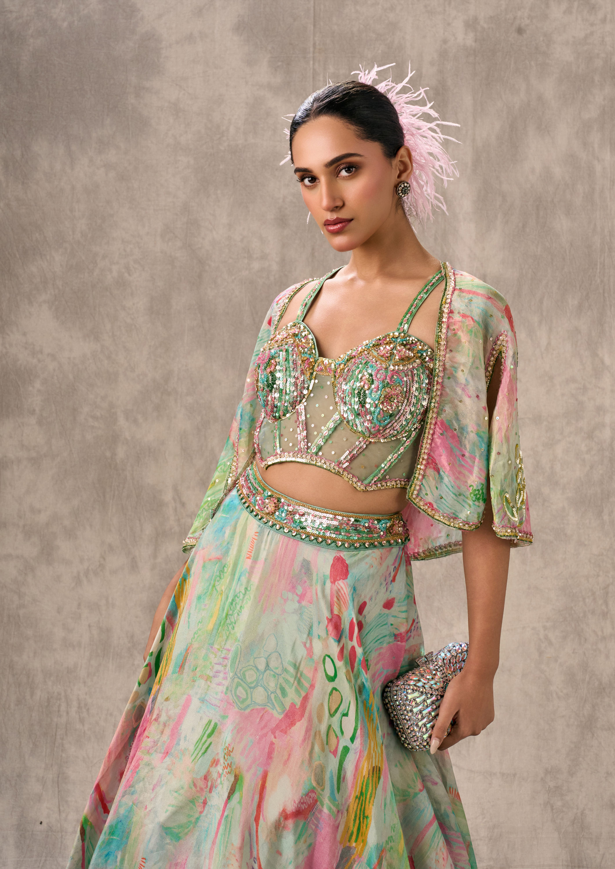 Twamev Women Sea Green Organza Enchantment Lehenga