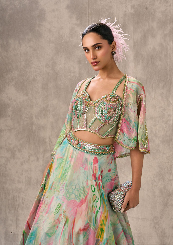 Twamev Women Sea Green Organza Enchantment Lehenga