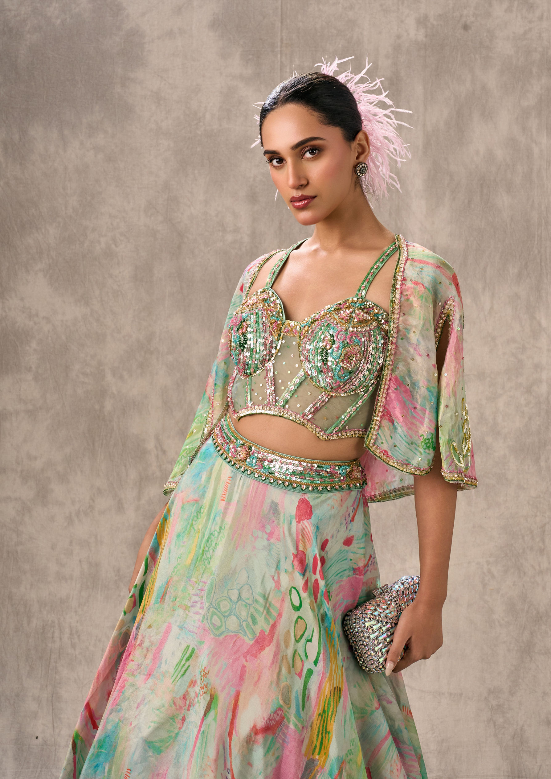 Twamev Women Sea Green Organza Enchantment Lehenga