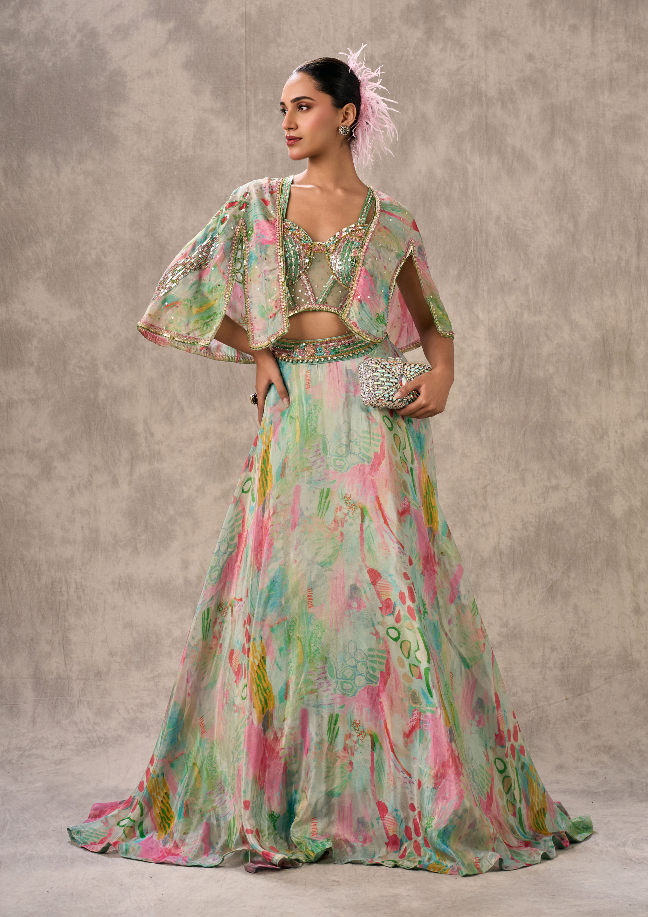 Twamev Women Sea Green Organza Enchantment Lehenga
