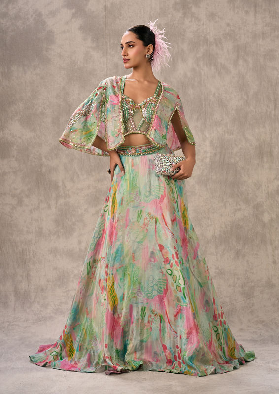 Twamev Women Sea Green Organza Enchantment Lehenga