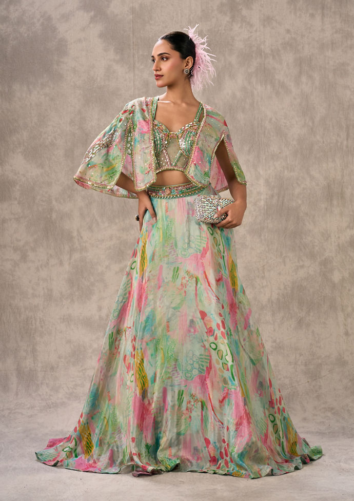 Twamev Women Sea Green Organza Enchantment Lehenga