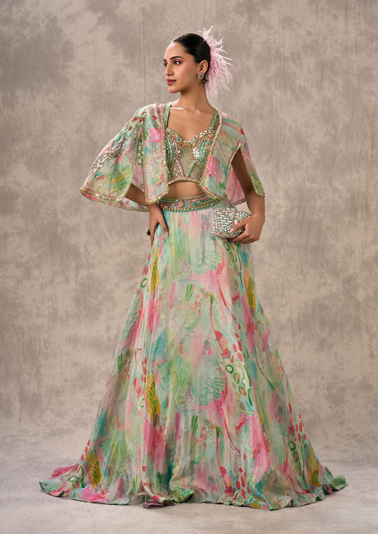 Twamev Women Sea Green Organza Enchantment Lehenga