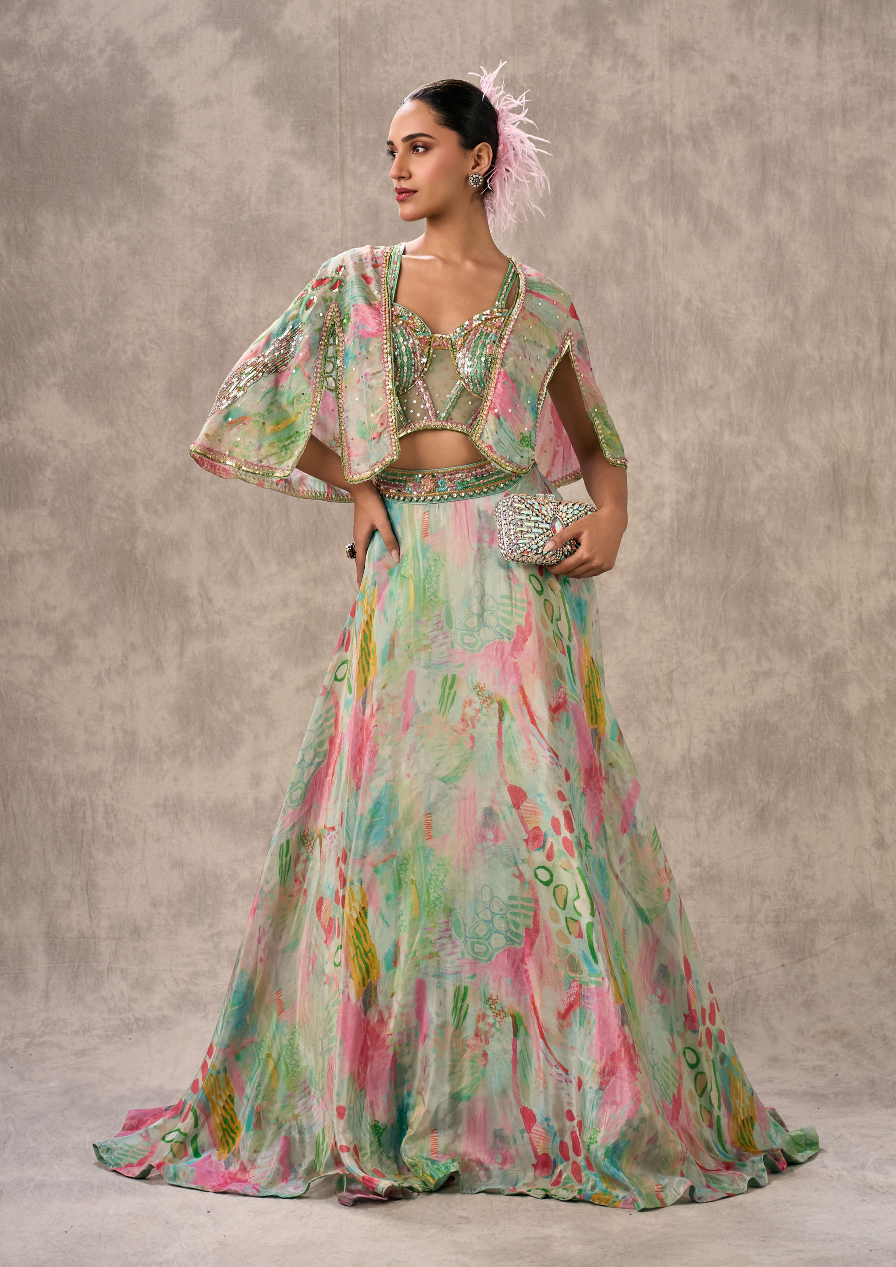 Twamev Women Sea Green Organza Enchantment Lehenga