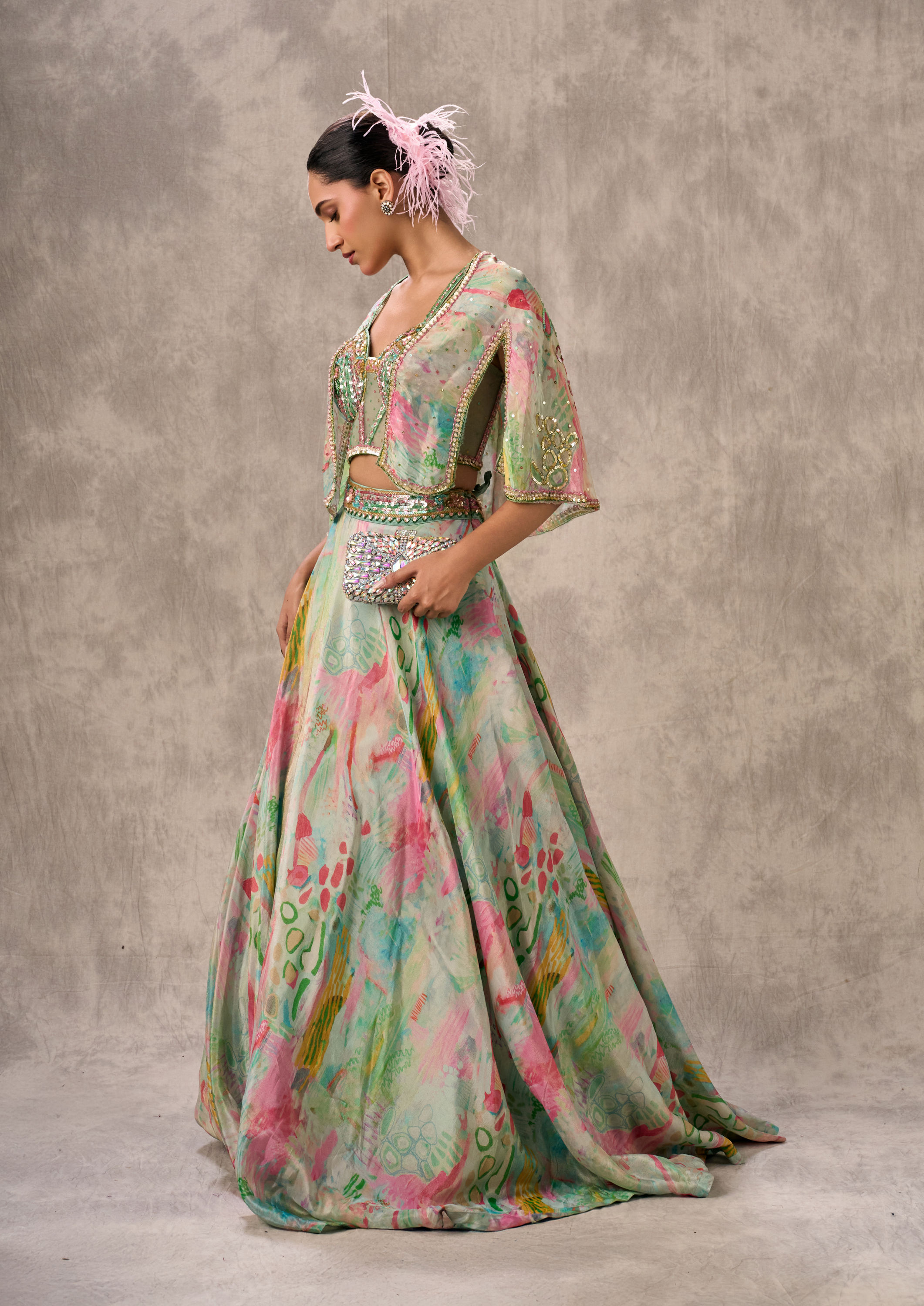 Twamev Women Sea Green Organza Enchantment Lehenga