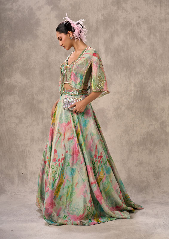 Twamev Women Sea Green Organza Enchantment Lehenga