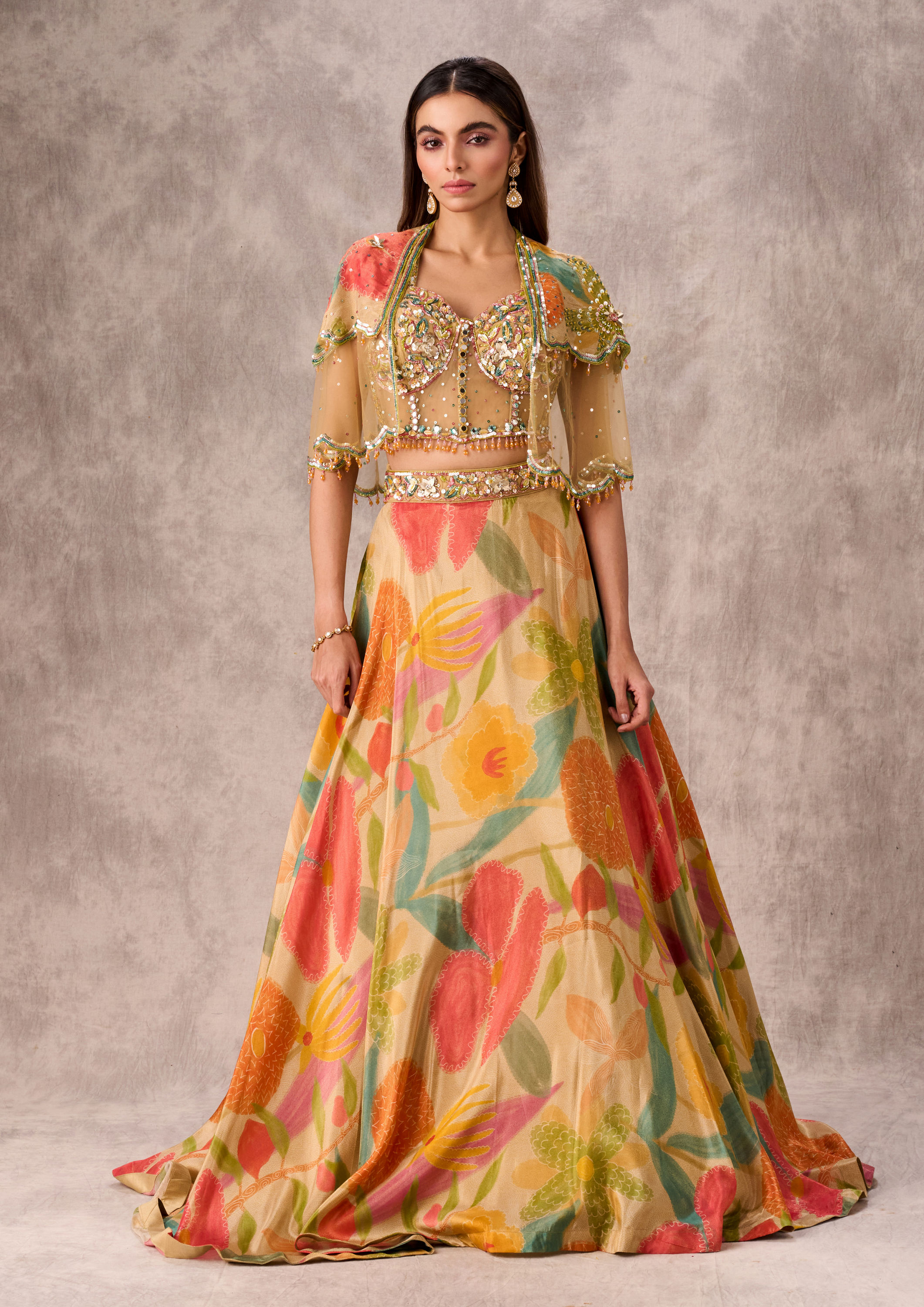 Twamev Women Opulent Beige Organza Lehenga