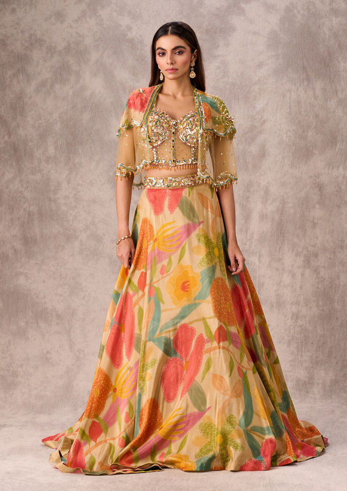 Twamev Women Opulent Beige Organza Lehenga