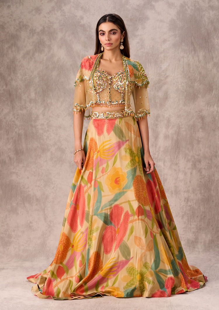 Twamev Women Opulent Beige Organza Lehenga