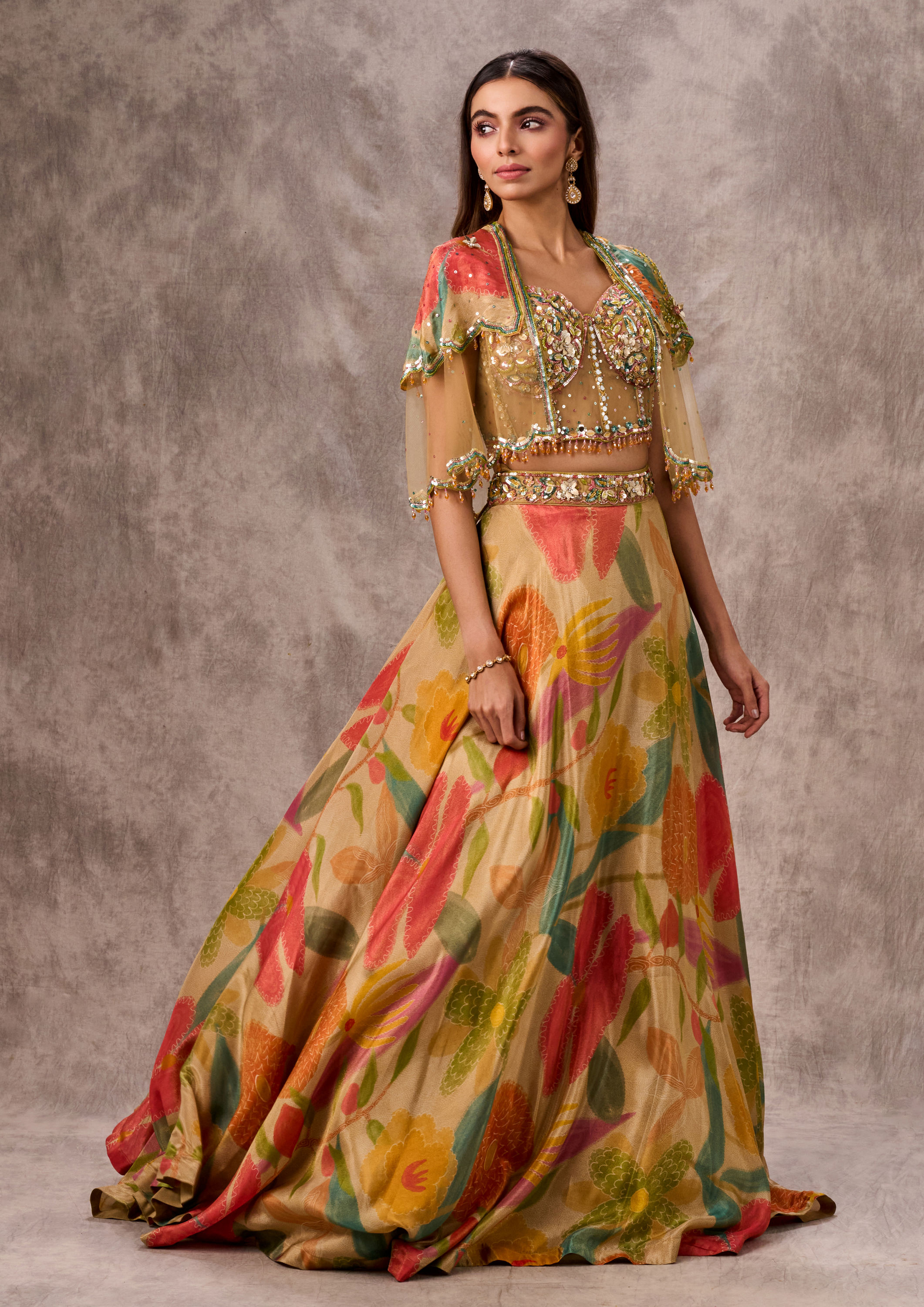 Twamev Women Opulent Beige Organza Lehenga