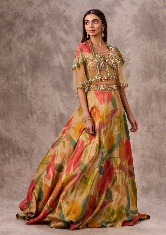 Twamev Women Opulent Beige Organza Lehenga