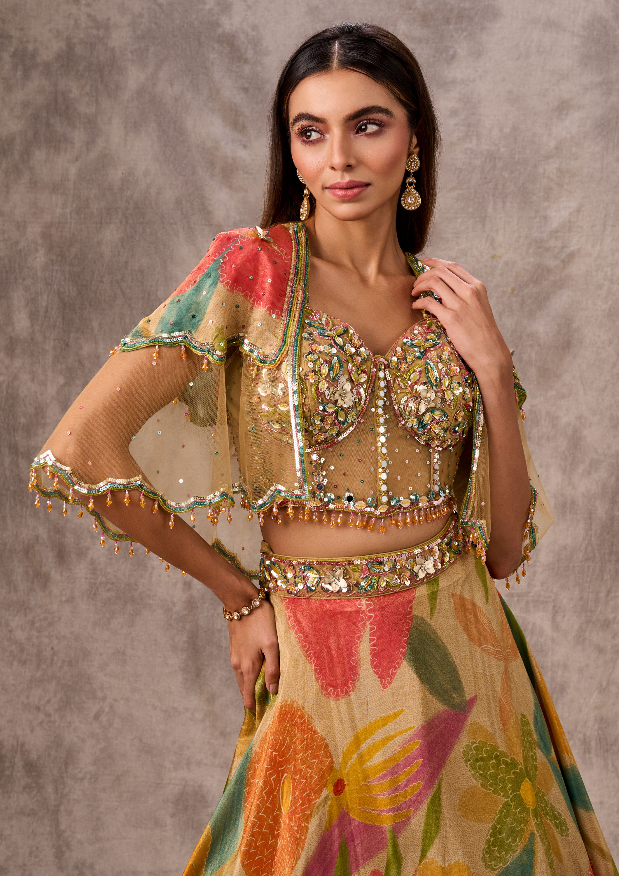 Twamev Women Opulent Beige Organza Lehenga