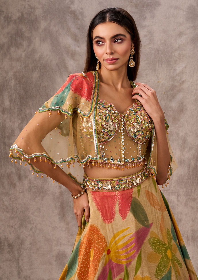 Twamev Women Opulent Beige Organza Lehenga
