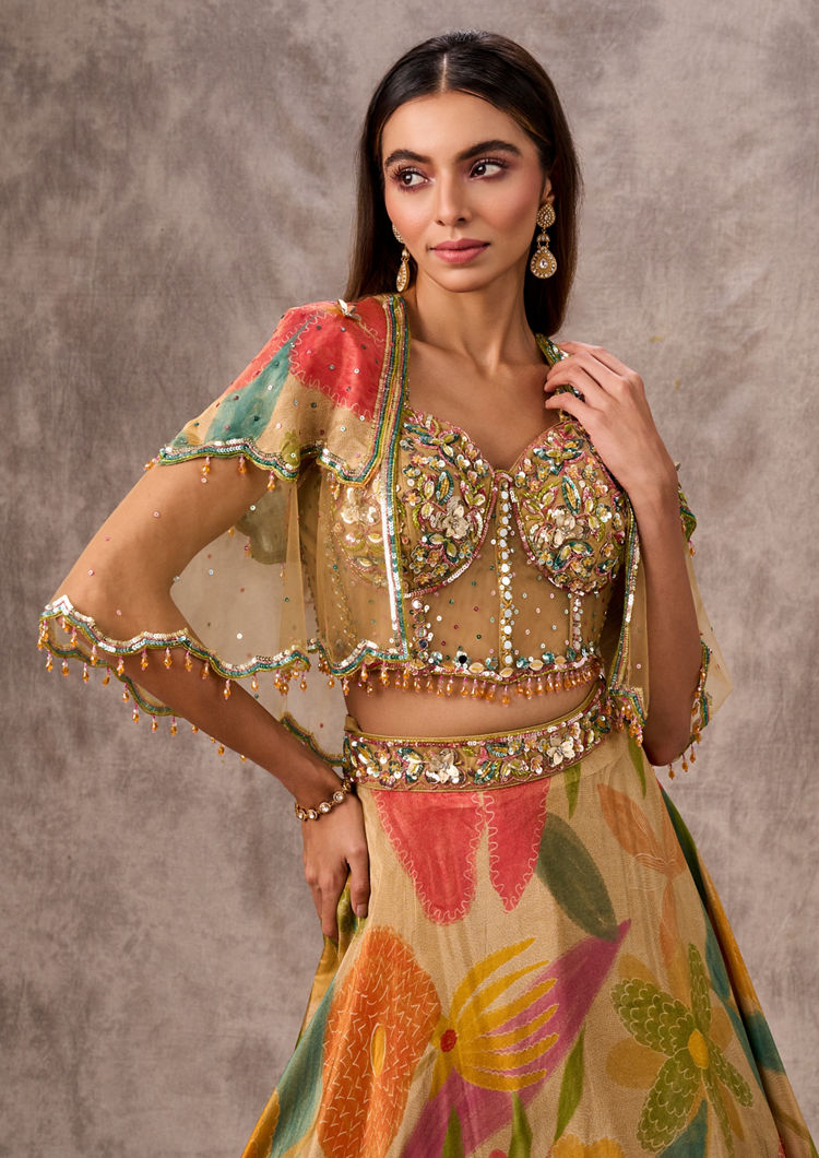 Twamev Women Opulent Beige Organza Lehenga