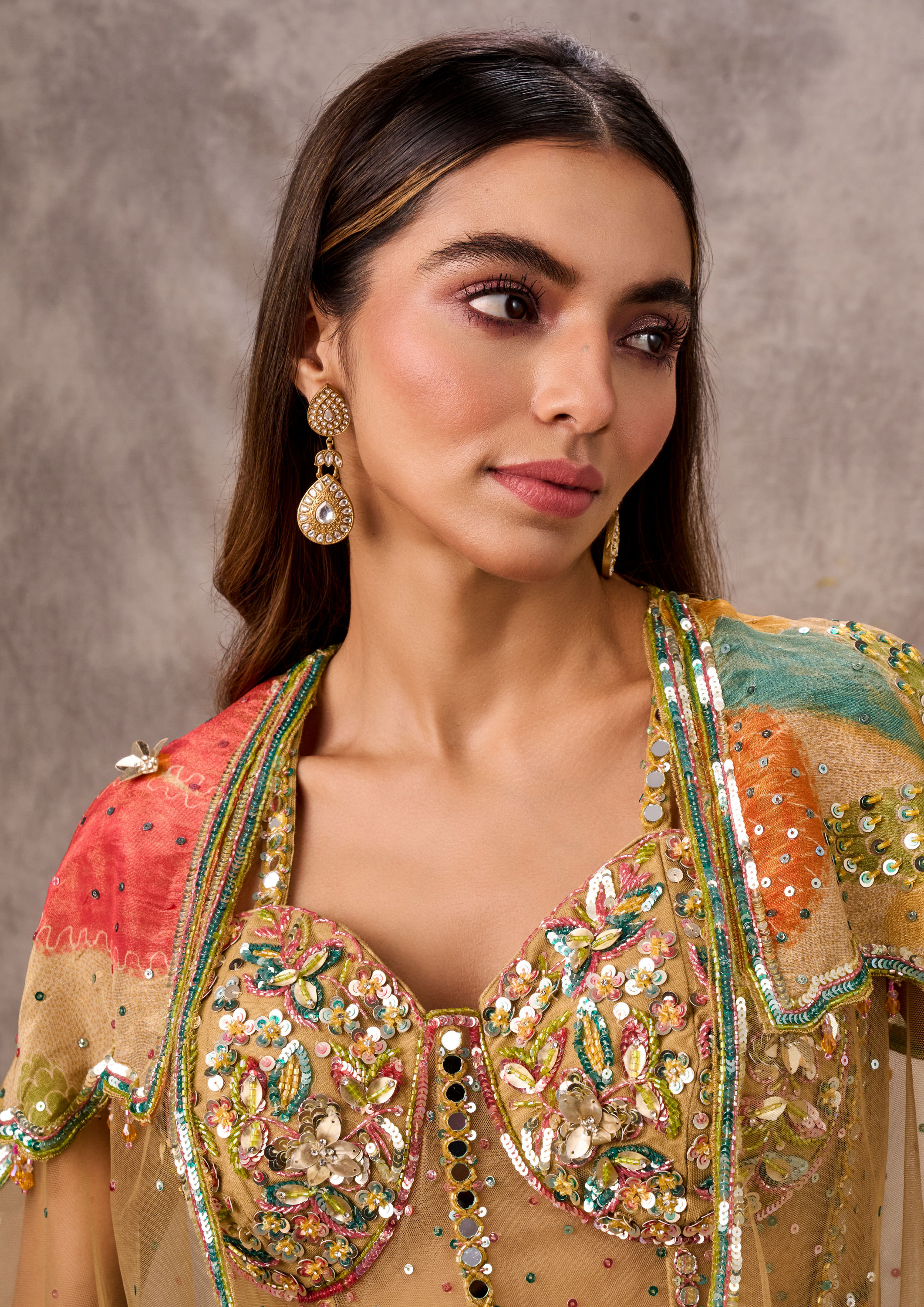 Twamev Women Opulent Beige Organza Lehenga