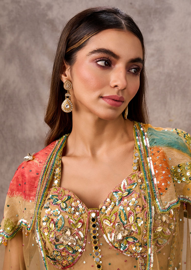 Twamev Women Opulent Beige Organza Lehenga