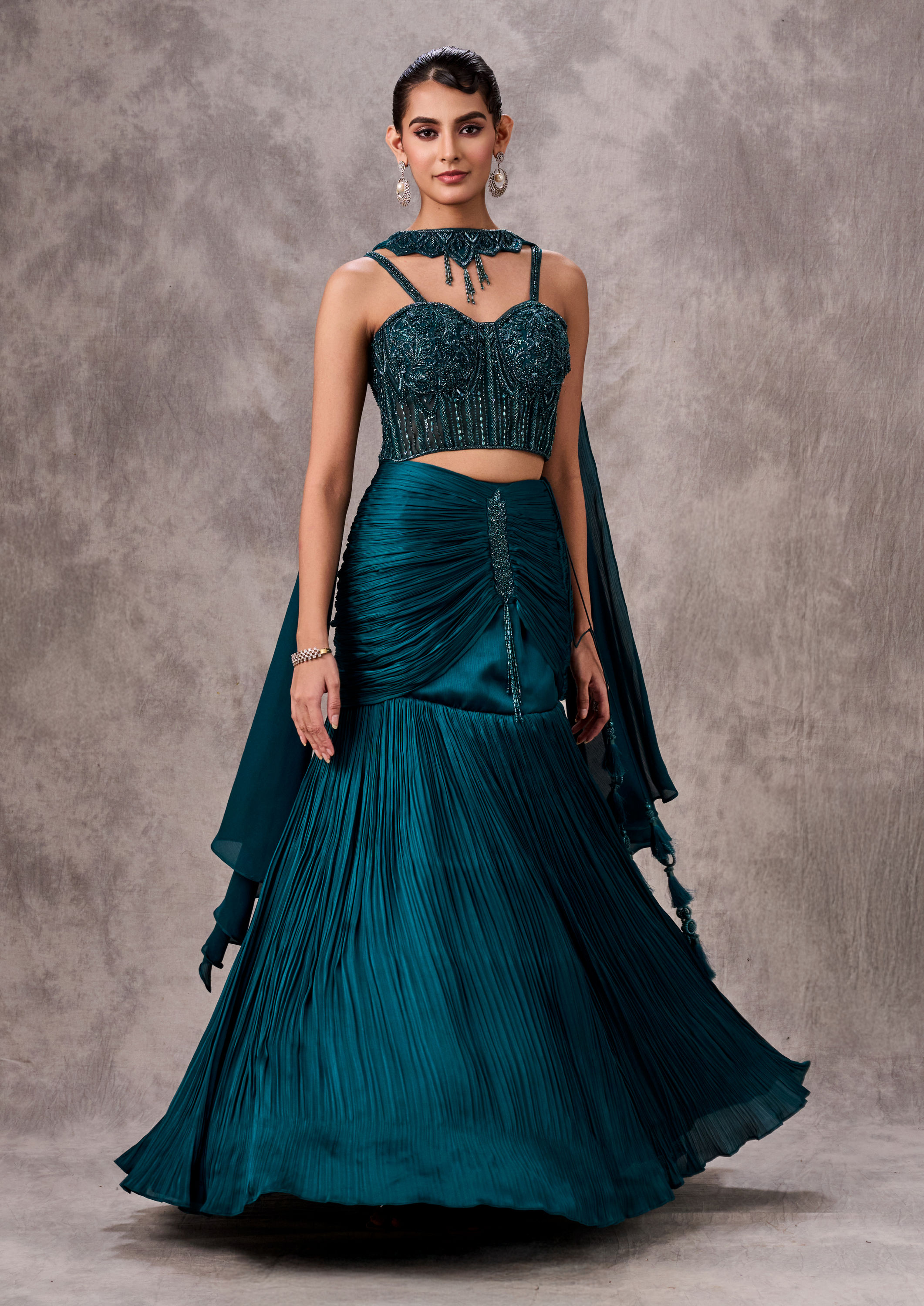 Twamev Women Twinkling Green Satin Lehenga