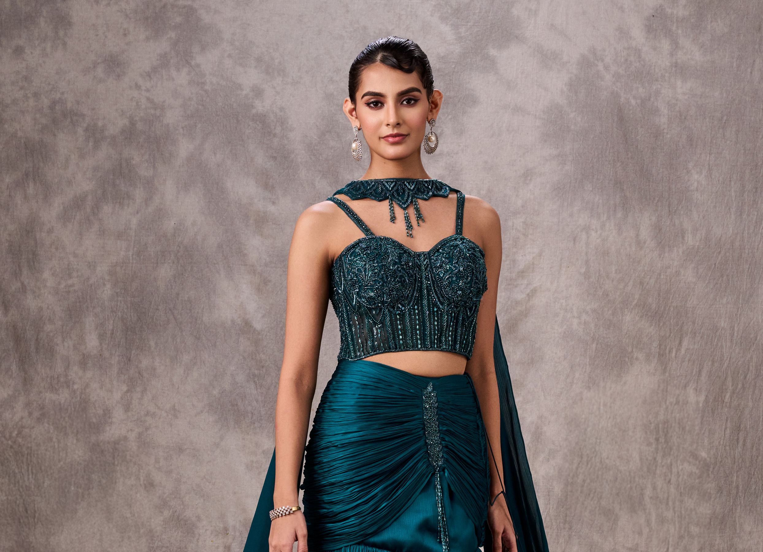Twamev Women Teal Satin Sequin Bead Embroidered Corset Mermaid Lehenga