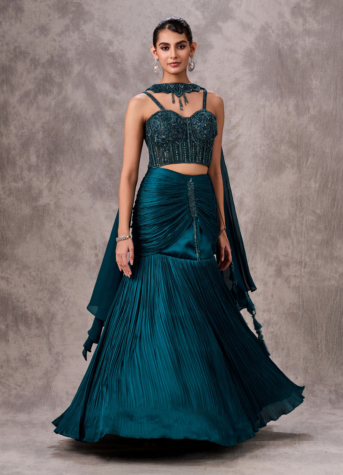 Twamev Women Teal Satin Sequin Bead Embroidered Corset Mermaid Lehenga