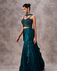 Twamev Women Teal Satin Sequin Bead Embroidered Corset Mermaid Lehenga
