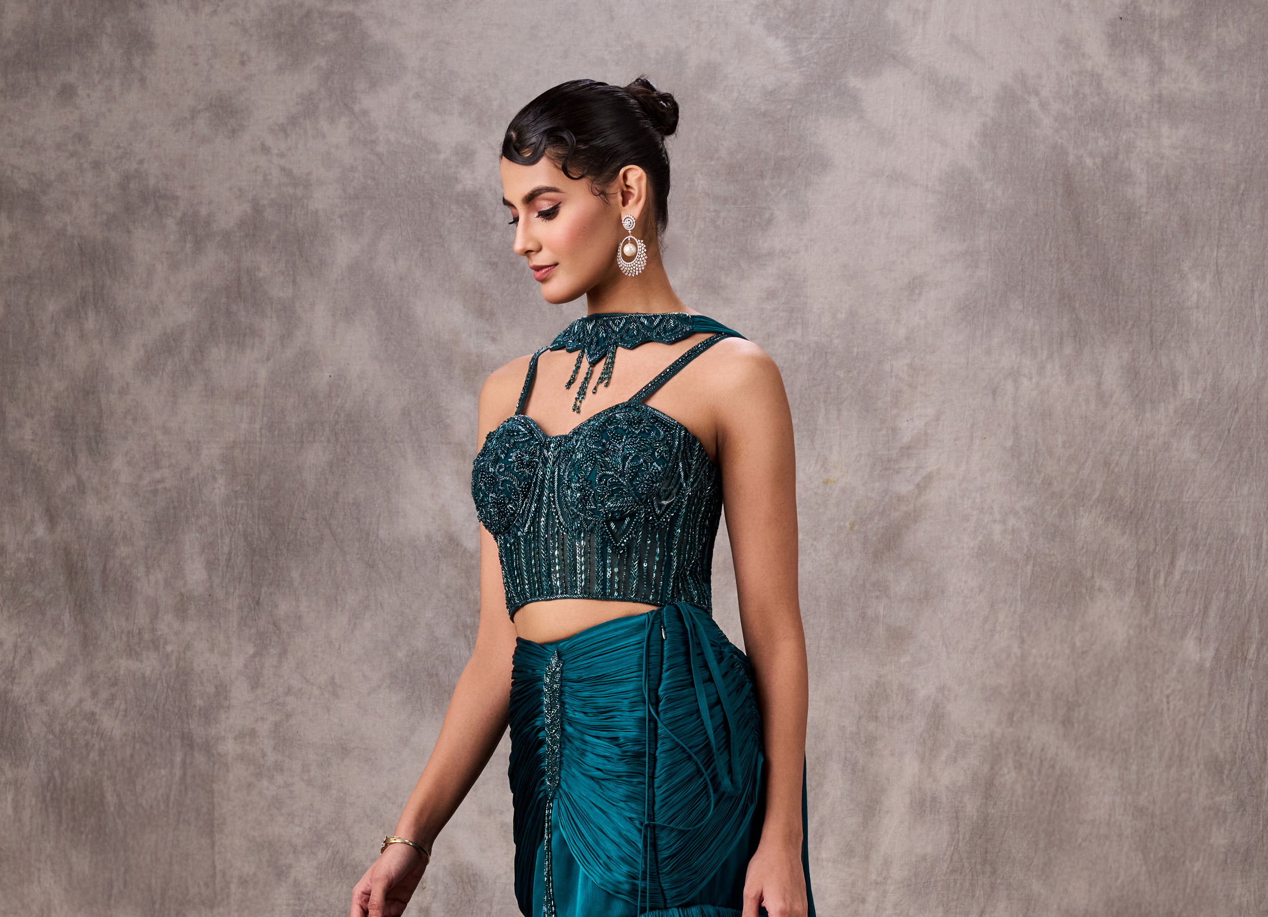 Twamev Women Teal Satin Sequin Bead Embroidered Corset Mermaid Lehenga