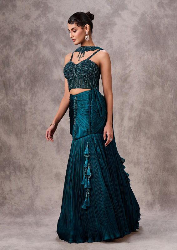 Twamev Women Twinkling Green Satin Lehenga