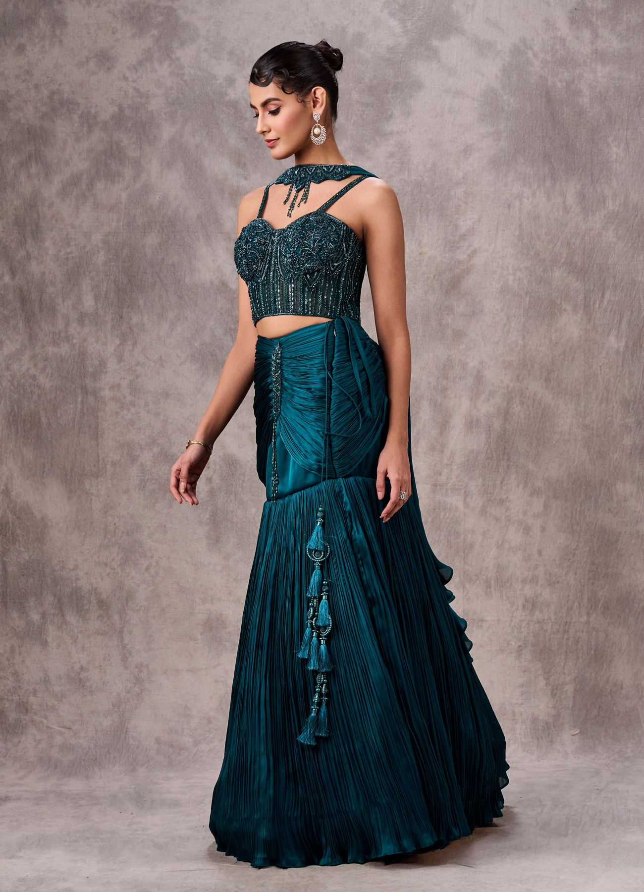 Twamev Women Teal Satin Sequin Bead Embroidered Corset Mermaid Lehenga