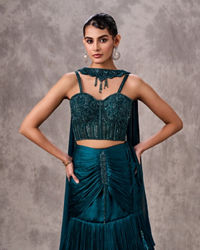 Twamev Women Teal Satin Sequin Bead Embroidered Corset Mermaid Lehenga