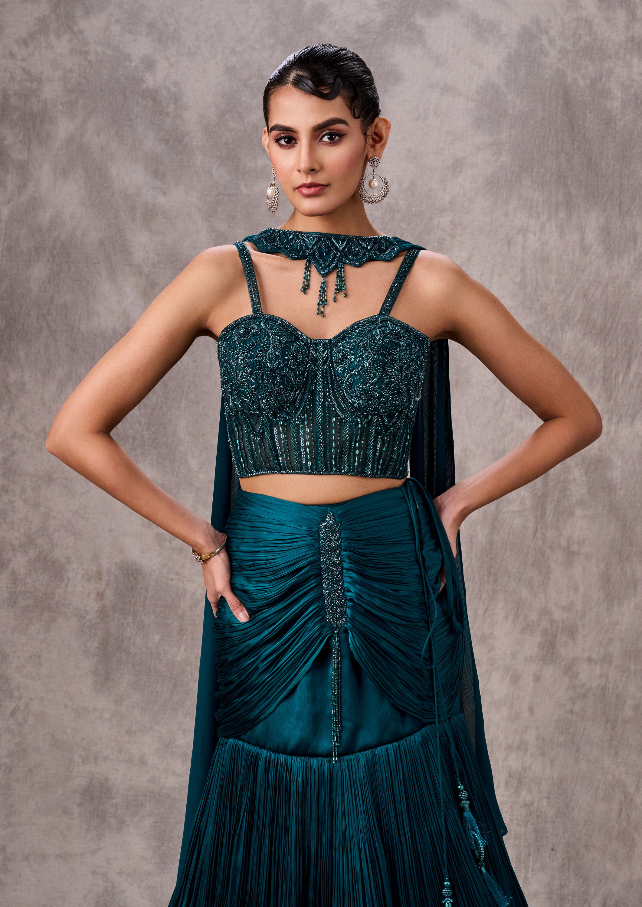 Twamev Women Twinkling Green Satin Lehenga