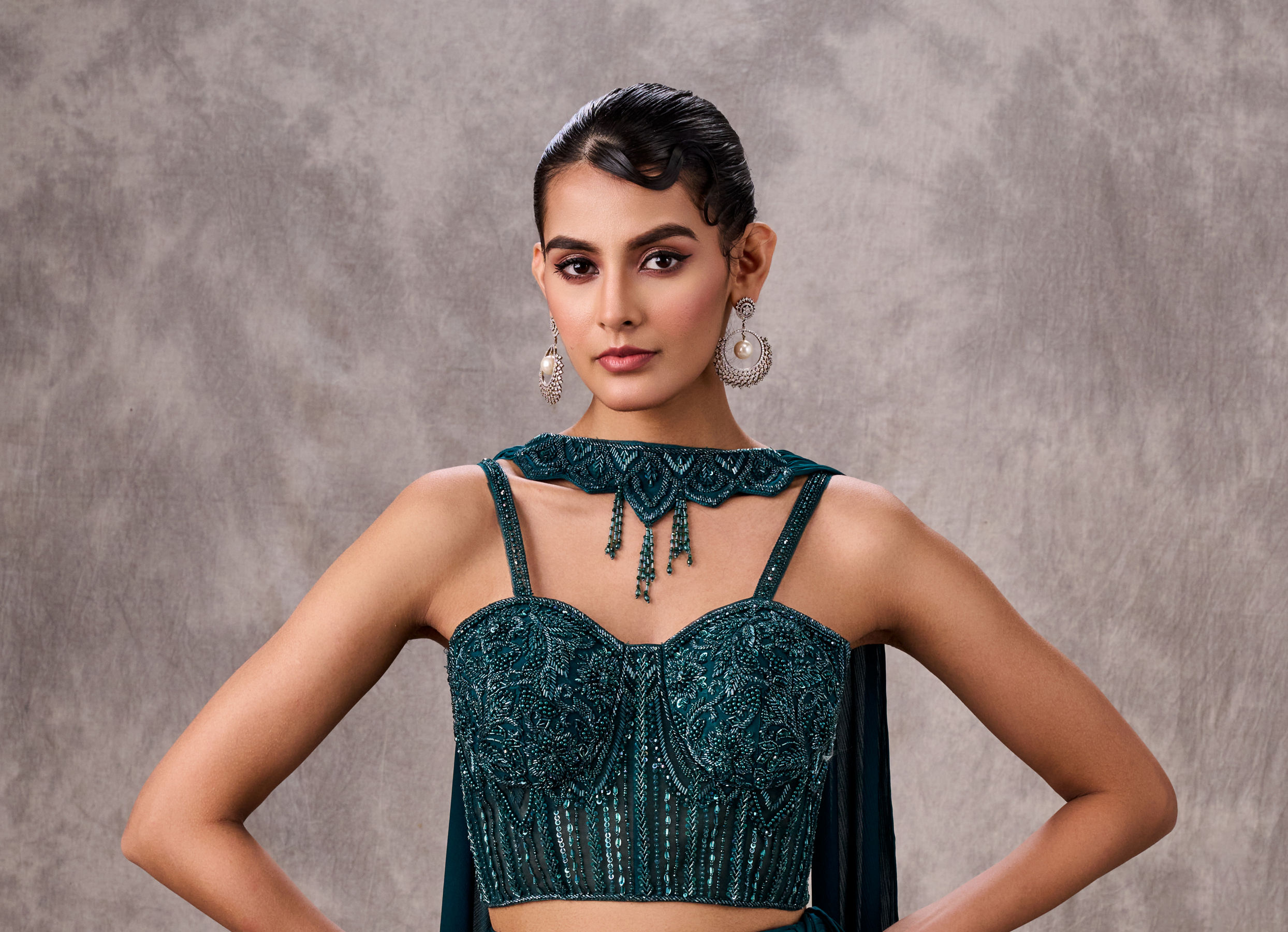 Twamev Women Teal Satin Sequin Bead Embroidered Corset Mermaid Lehenga