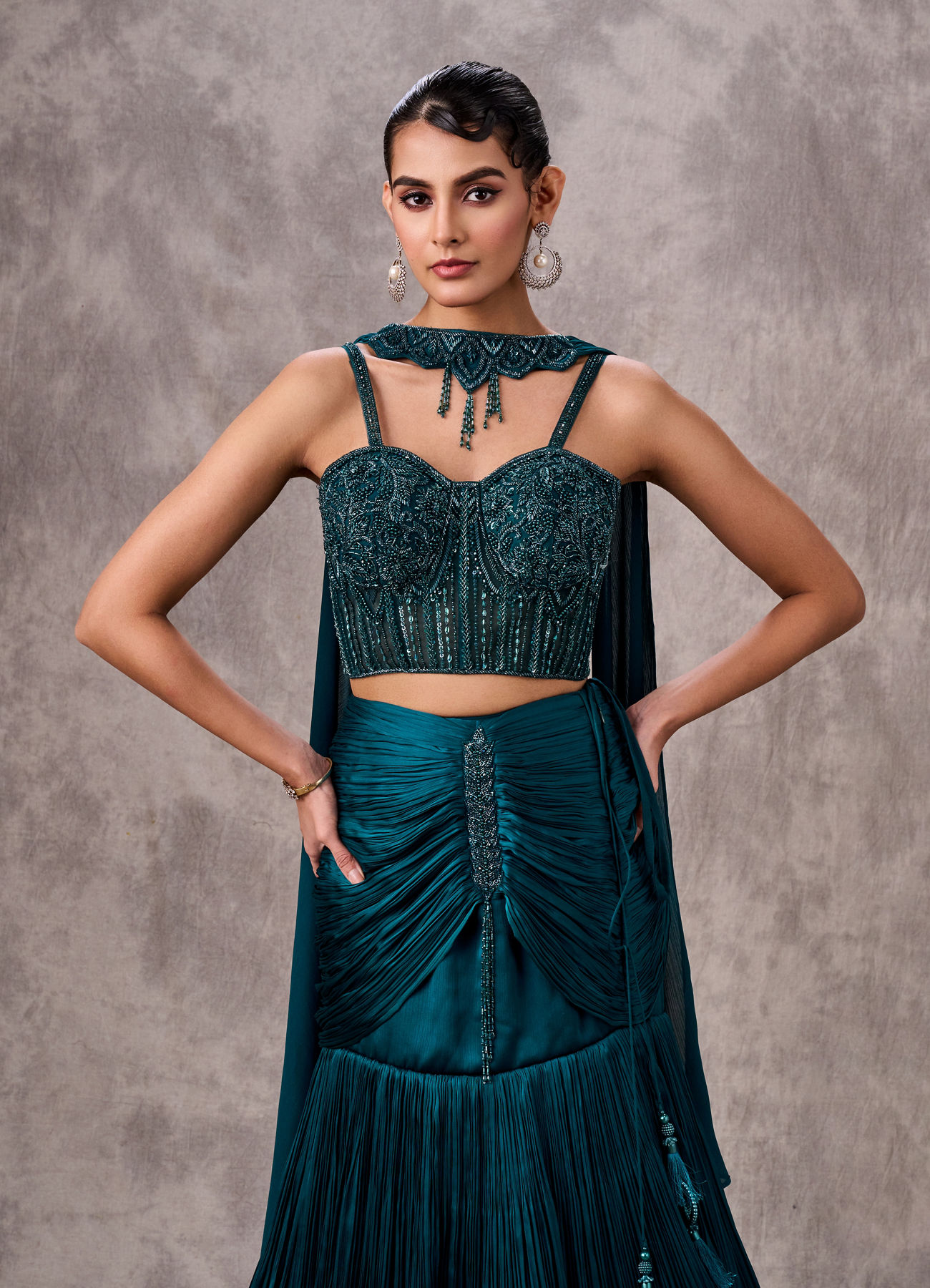 Twamev Women Teal Satin Sequin Bead Embroidered Corset Mermaid Lehenga