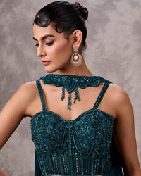 Twamev Women Teal Satin Sequin Bead Embroidered Corset Mermaid Lehenga