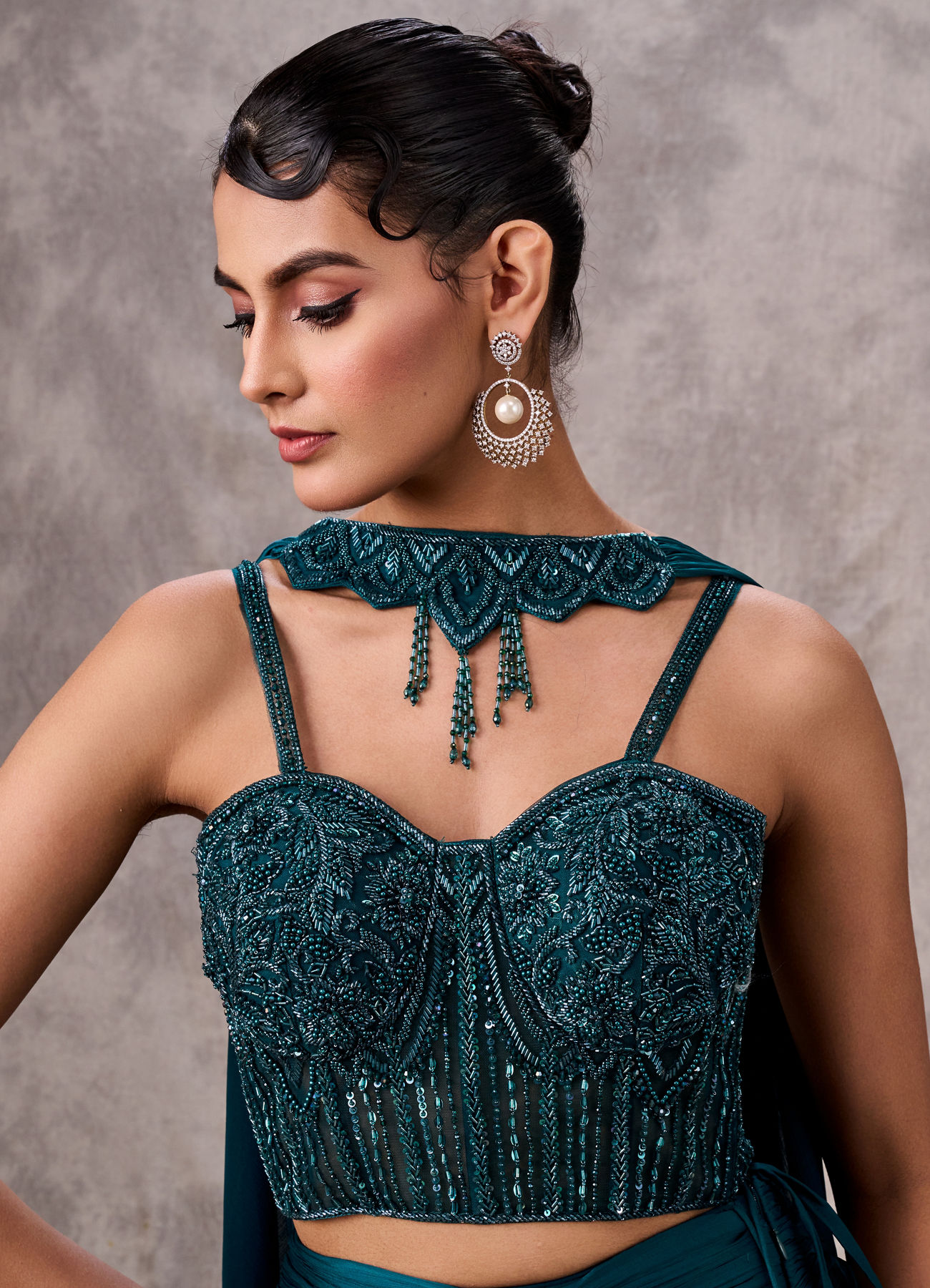 Twamev Women Teal Satin Sequin Bead Embroidered Corset Mermaid Lehenga