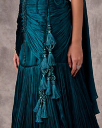 Twamev Women Teal Satin Sequin Bead Embroidered Corset Mermaid Lehenga