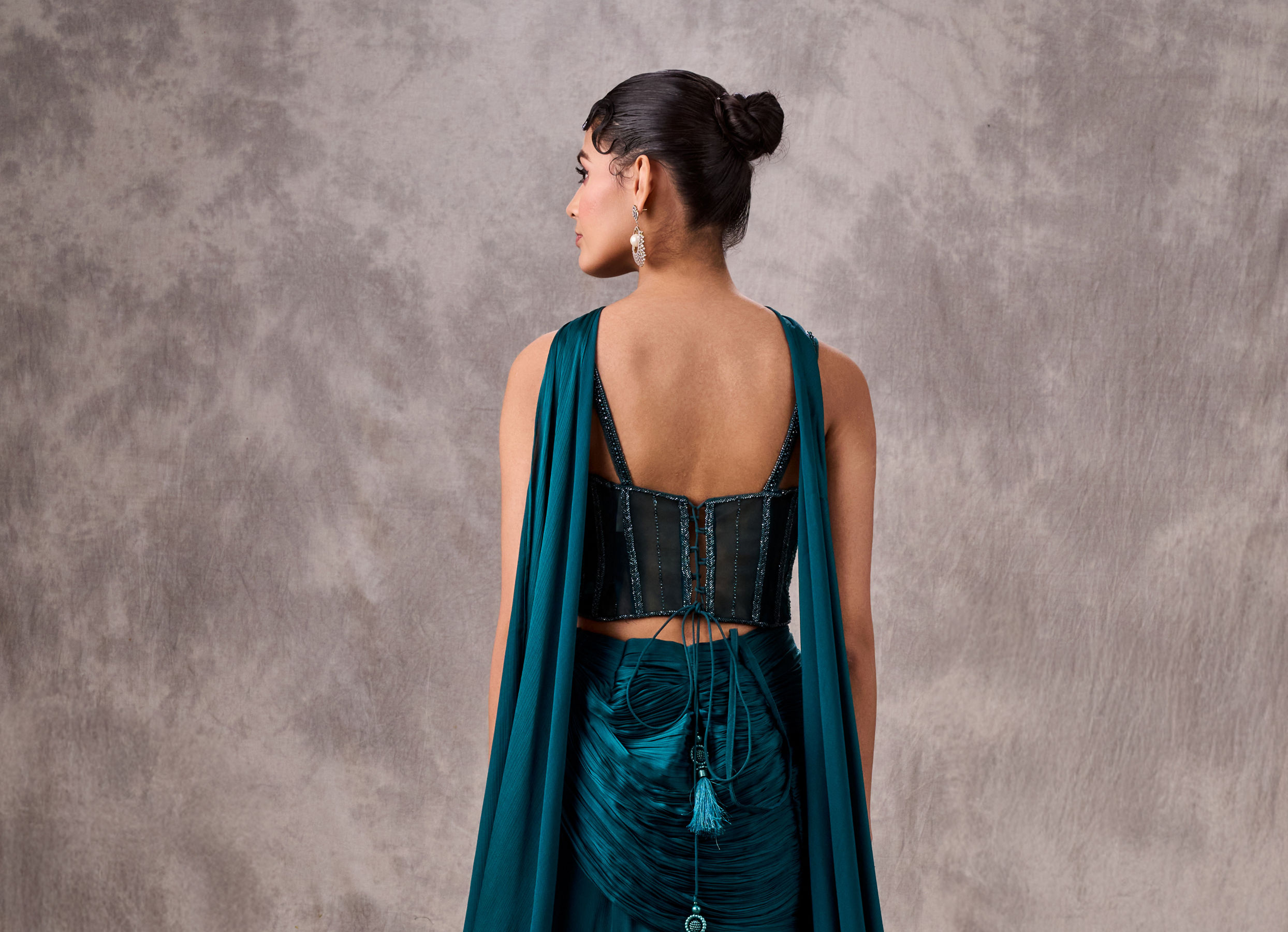 Twamev Women Teal Satin Sequin Bead Embroidered Corset Mermaid Lehenga