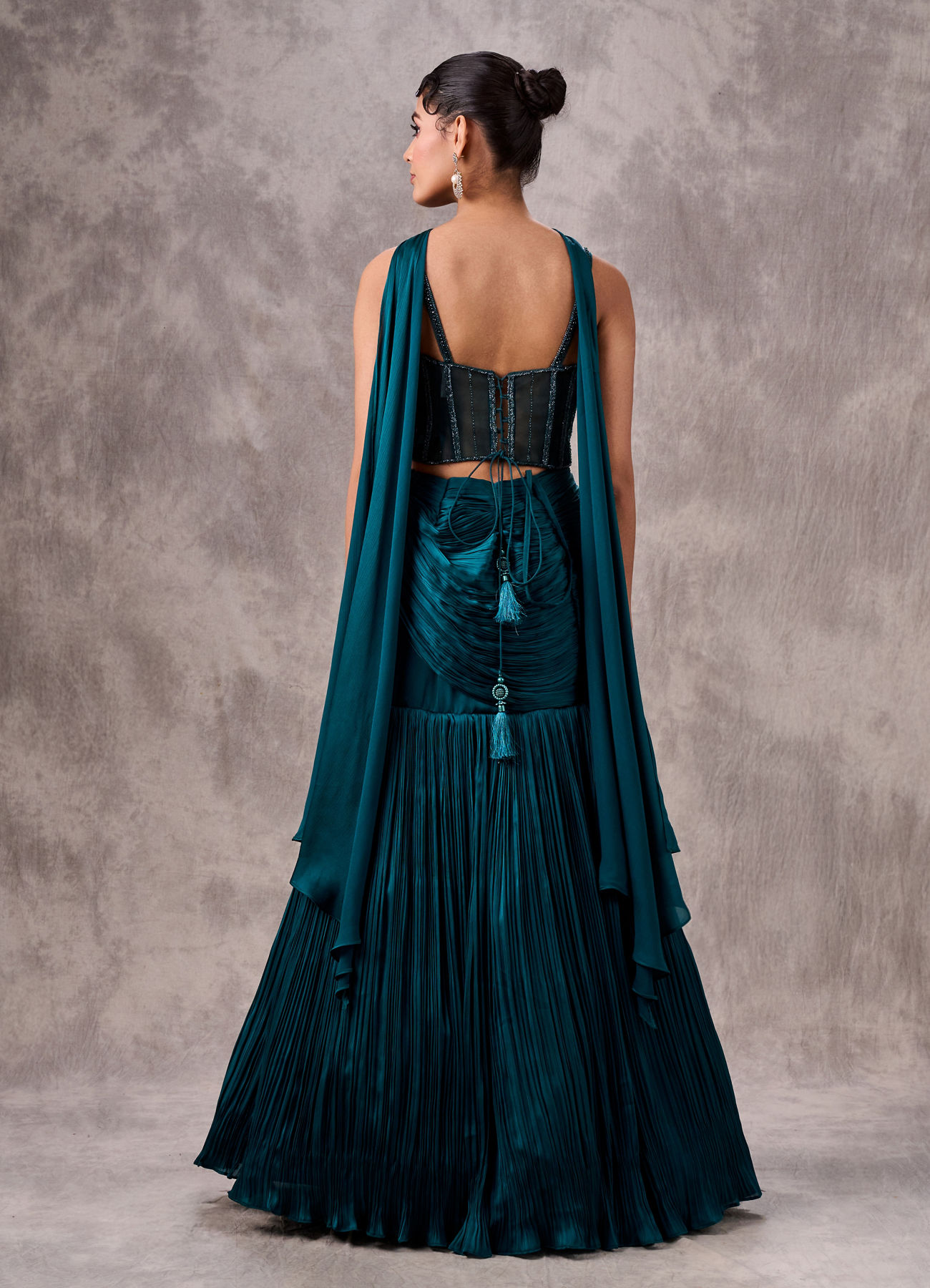 Twamev Women Teal Satin Sequin Bead Embroidered Corset Mermaid Lehenga