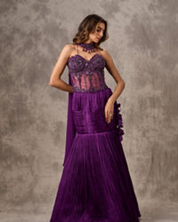 Twamev Women Purple Satin Bead Embroidered Corset Mermaid Lehenga