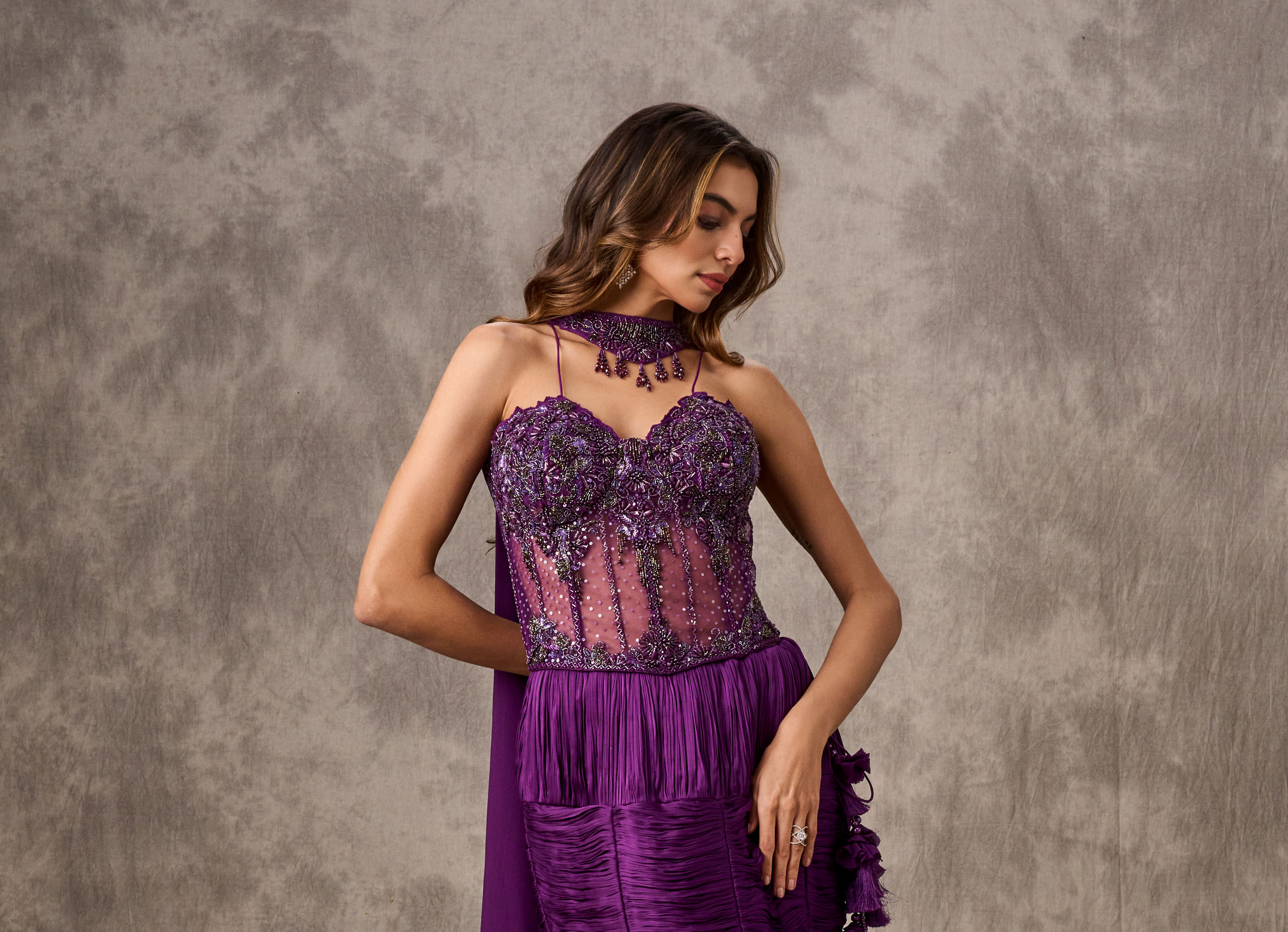 Twamev Women Purple Satin Bead Embroidered Corset Mermaid Lehenga