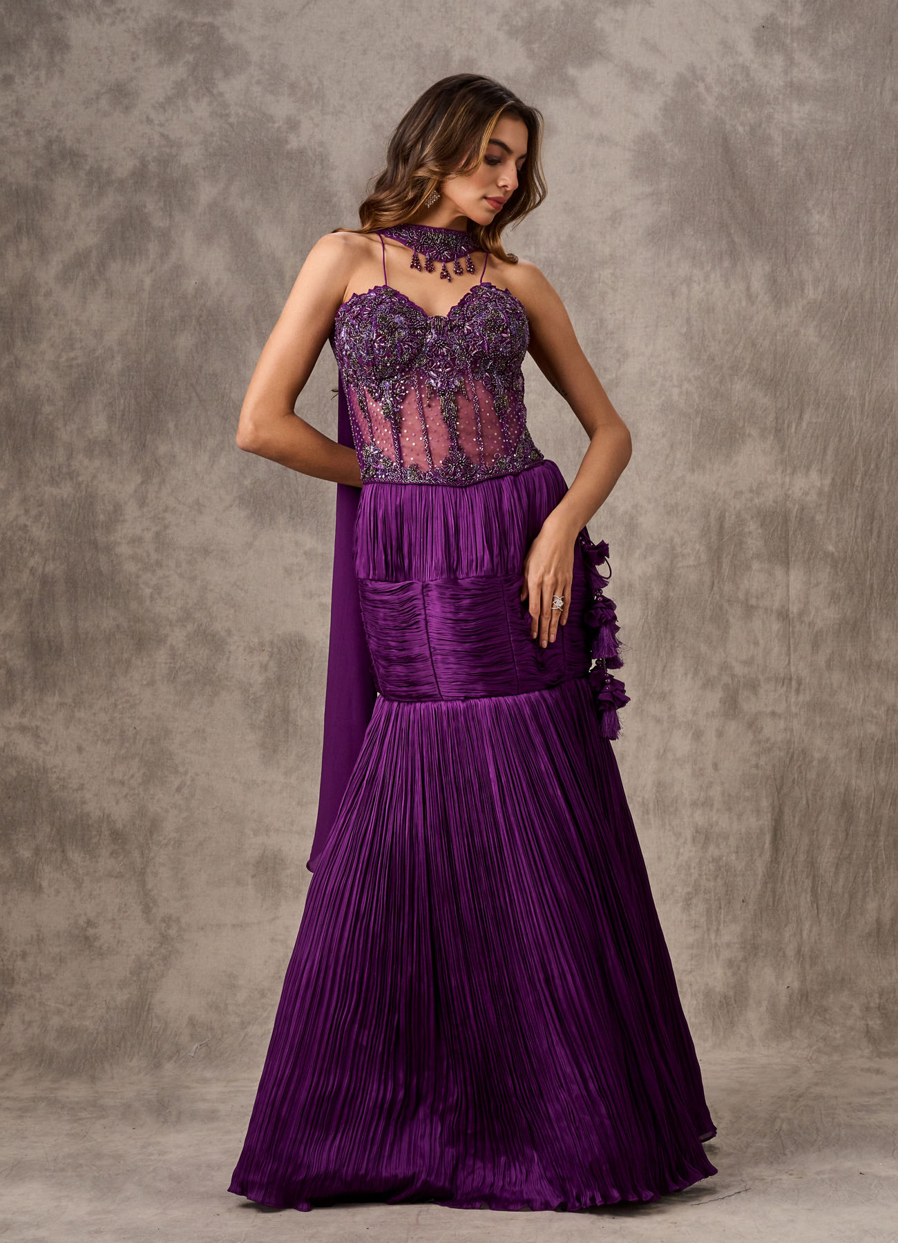 Twamev Women Purple Satin Bead Embroidered Corset Mermaid Lehenga