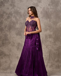 Twamev Women Purple Satin Bead Embroidered Corset Mermaid Lehenga