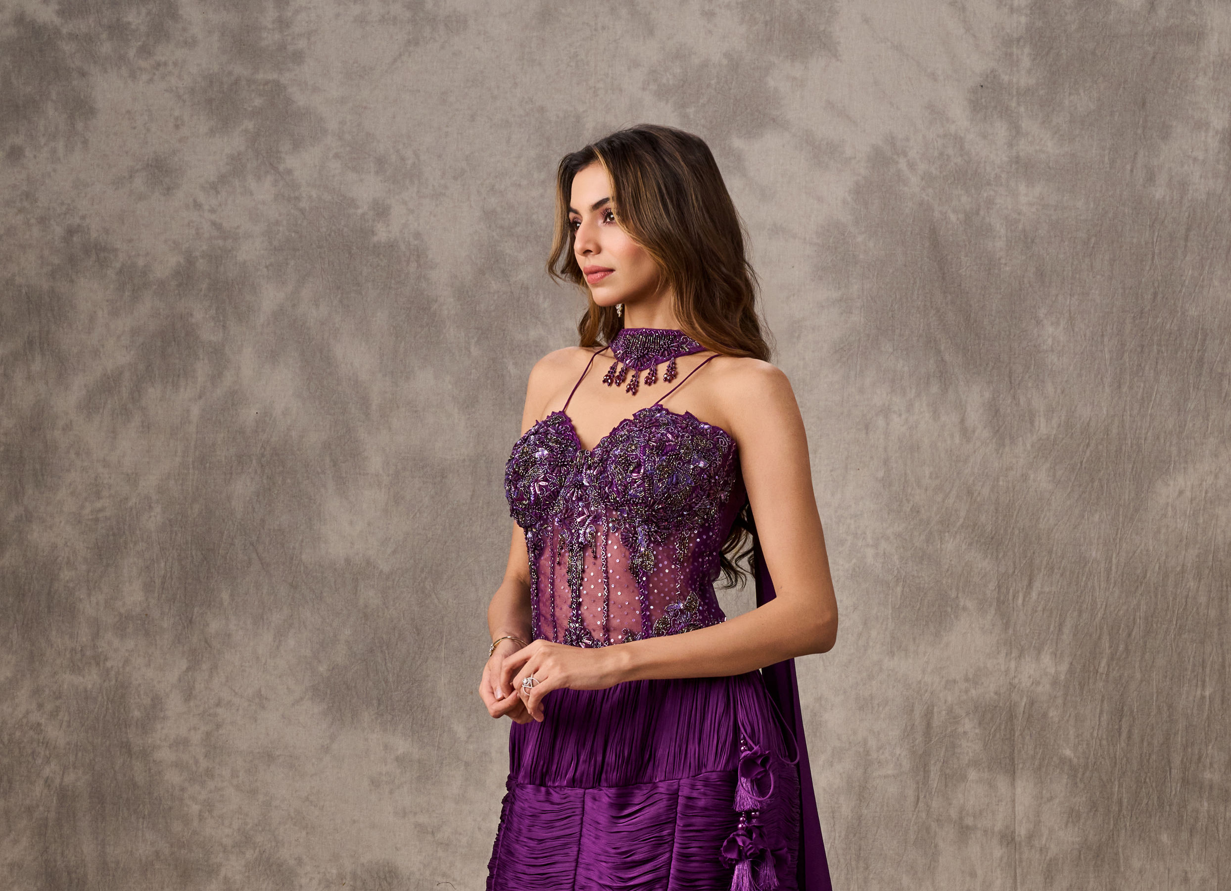 Twamev Women Purple Satin Bead Embroidered Corset Mermaid Lehenga