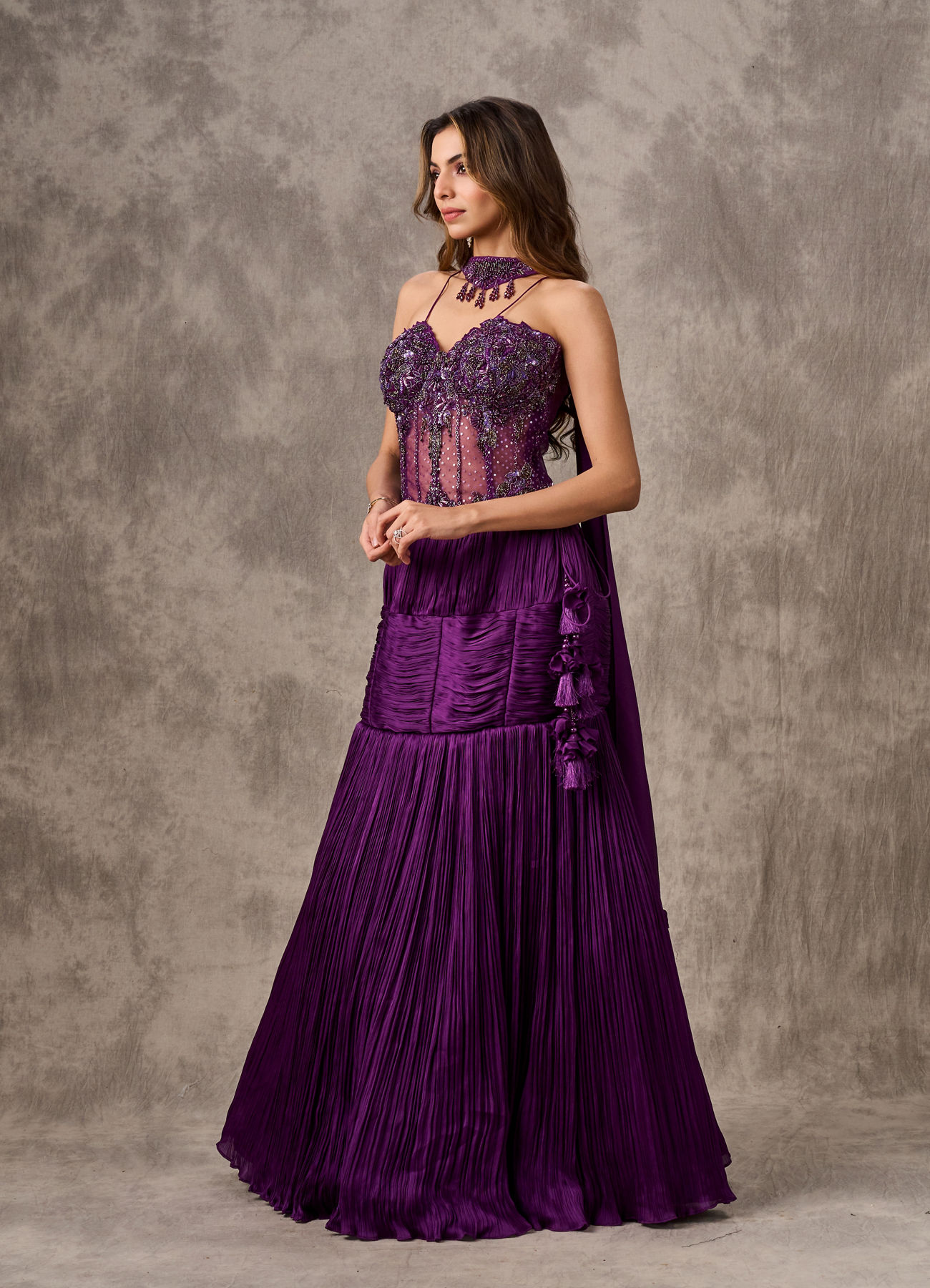 Twamev Women Purple Satin Bead Embroidered Corset Mermaid Lehenga